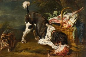 Dog And Cat At A Basket With Meat, Asparagus And Artichoke