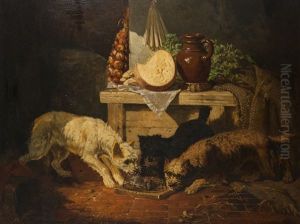 Dogs Playing With Mice With A Still Life In Background by Vincent de Vos