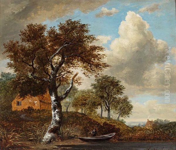 Herbstliche Flusslandschaft Mit Nachen - view 1