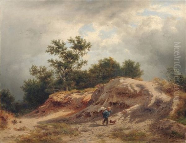 Heidelandschaft Bei Aufziehendem Gewitter Mit Wanderndem Knaben Und Hund - view 1