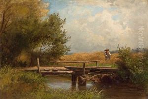 Sommerliche Landschaft Mit Grosem Weizenfeld, Schnitter, Bachlauf Und Kleiner Holzbrucke by Heinrich Vosberg