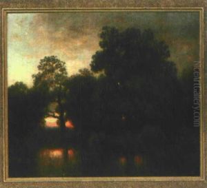 Romantische Flusslandschaft Bei Dammerung by Heinrich Vosberg