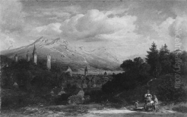 Alpenlandschaft Mit Einer Stadt Am See (luzern?) - view 1
