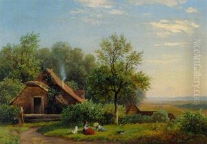 Spielende Kinder Vor Dem Bauernhaus by Heinrich Vosberg