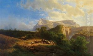 A Herd Of Animals And Shepherds On A High Plain by Leopold Heinrich Voescher