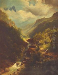 Aus Dem Engadin, Hochgebirgstal Mit Bachlauf Und Spaziergangern by Leopold Heinrich Voescher