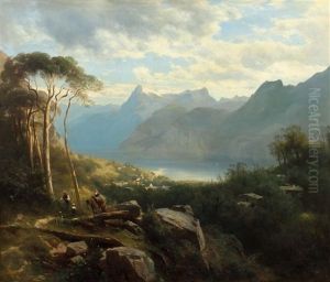 Rast In Den Bergen Mit Blick Auf Einen Gebirgssee by Leopold Heinrich Voescher