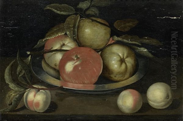 Apples In A Pewter Dish With Peaches On A Table Top - view 1