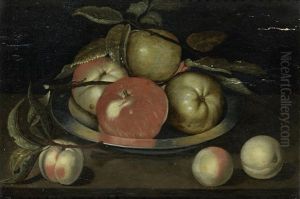 Apples In A Pewter Dish With Peaches On A Table Top by Jacob Woutersz Vosmaer