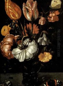 Nature Morte De Tulipes Et De Roses Dans Un Verre Rohmer Sur Un Entablement by Jacob Woutersz Vosmaer
