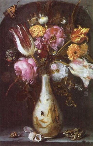 A Still Life Of Tulips, Roses, An Iris, Carnations And Other Flowers In A Chinese Vase With A Frog, A Snail And Other Insects - view 1