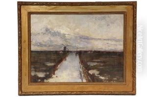 Dutch Landscape With Canal And Windmill by Carl Leopold Voss