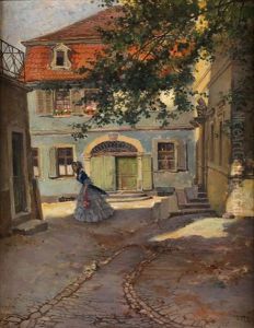 Sonnenbeschienener, Biedermeierlicher Gebaudehof Mit Junger Dame In Langem Kleid by Carl Leopold Voss