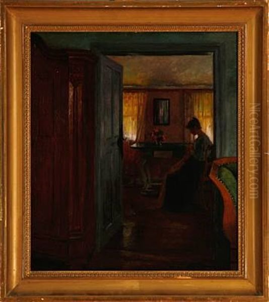 An Interior With A Woman Sewing By The Window - view 1