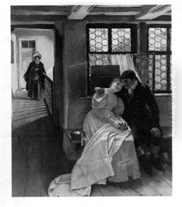 Liebespaar Auf Einer Bank Im Hausflur, Im Hintergrund Lauscherin by Carl Leopold Voss