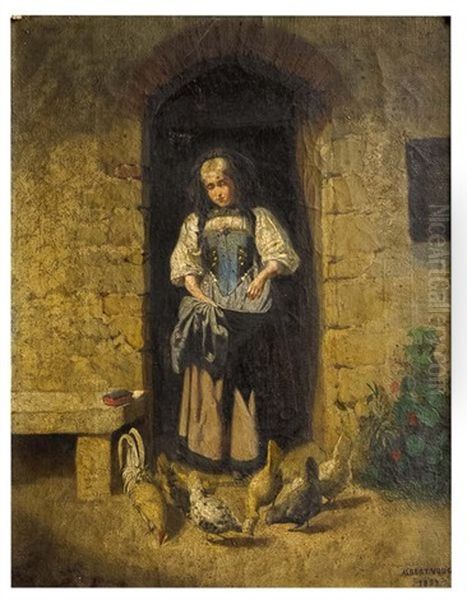 Fermiere Nourrissant Ses Poules - view 1