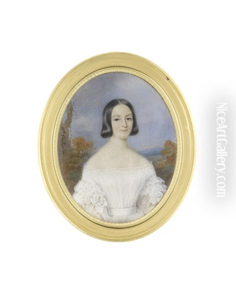 A Lady, Standing Before A Landscape And Wearing White Decollete Dress With Frilled Sleeves And Neckline, Her Raven Hair Centrally Parted And Upswept - view 1