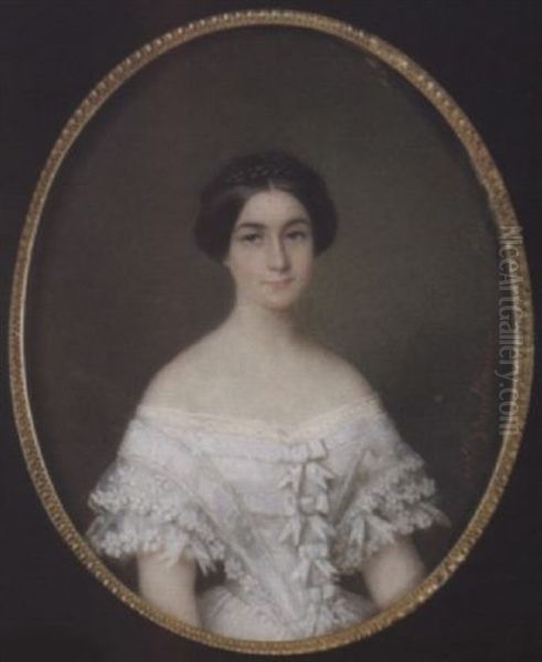 A Lady Wearing White Dress, The Bodice With Lace And Ribbon Bow Trim, The Sleeves With Layers Of Floral Motif Lace, Her Hair Centre-parted, Upswept And Held With A Plait - view 1