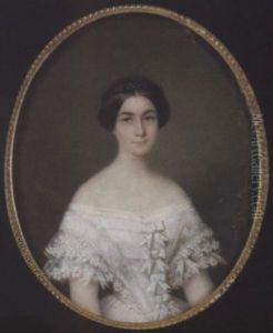 A Lady Wearing White Dress, The Bodice With Lace And Ribbon Bow Trim, The Sleeves With Layers Of Floral Motif Lace, Her Hair Centre-parted, Upswept And Held With A Plait