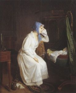 Jeune Femme Veillant Sur Son Enfant Endormi by Anne Nicole Voullemier