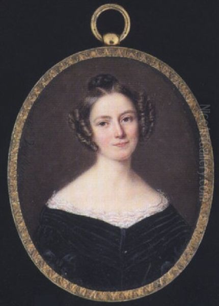 A Lady Wearing Low-cut Black Dress With White Lace Underslip, Her Hair In A Bun And With Ringlets - view 1