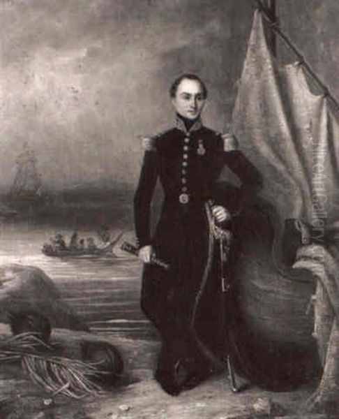Portrait Du Prince De Joinville (1818-1900), De Plein-pied, En Uniforme D'officier De Marine Sur La Cote Tahitienne, - view 1