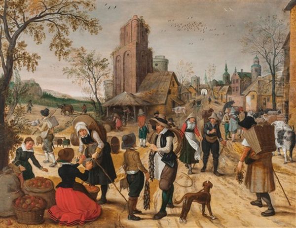 An Autumnal Market Scene In A Village - view 1