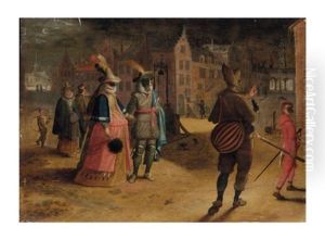 Une Vue Nocturne D'anvers, Avec Des Figures Se Rendant A Un Bal Masque