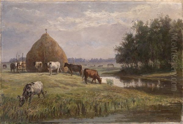 Herd Grazing By A River - view 1