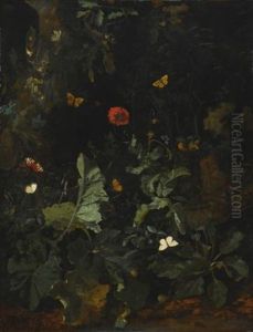 A Forest Floor Still Life With Flowering Plants And Butterflies by Nicolaes de Vree