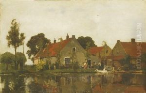 A Landscape With Riverside Houses by Cornelis Vreedenburgh