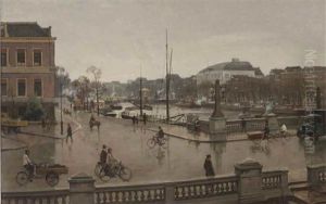 A Busy Hogesluis With The Theatre Carre On The River Amstel, Amsterdam by Cornelis Vreedenburgh