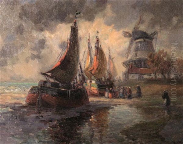Sailboats At Harbor With Windmill - view 1