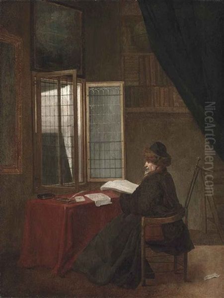 An Old Man Seated At His Desk Before An Open Window, Holding A Book - view 1