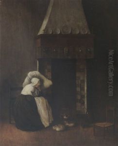 An Interior With A Woman Sleeping Near A Fireplace, Together With A Cat And A Dog by Jacobus Vrel