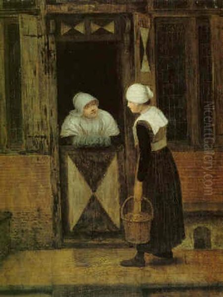 A Dutch Street With Two Women In Conversation At A Doorway - view 1