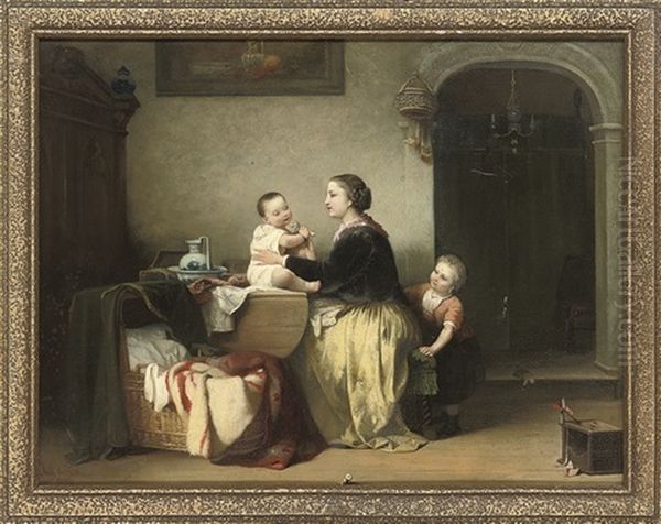 A Mother And Her Children Playing In An Interior - view 1