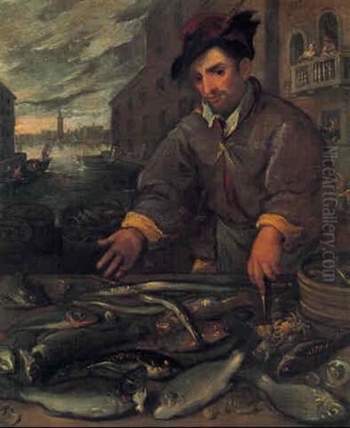 Parti Fra Venedig Med Fiskehandler, Der Praesenterer Sine Varer - view 1