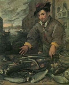 Parti Fra Venedig Med Fiskehandler, Der Viser Sine Varer Frem