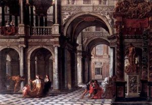 Palastinterieur Mit Szene Eines Apollo-opfers Und Mit Dem Vom Pfeil Getroffenen Achill by Hans Vredeman (Jan) de Vries