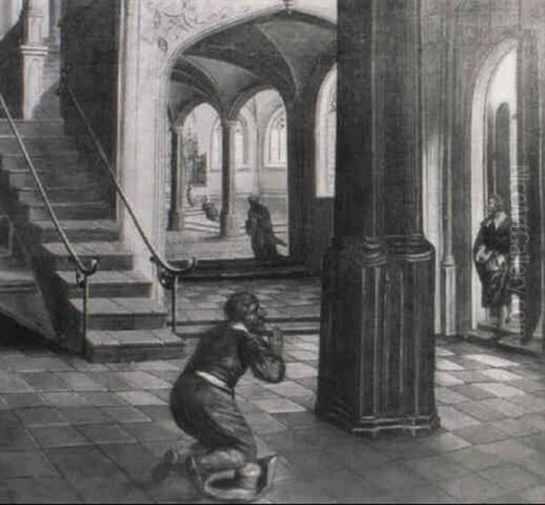 A Peasant At Prayer In A Gothic Church Interior - view 1