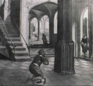 A Peasant At Prayer In A Gothic Church Interior by Hans Vredeman (Jan) de Vries