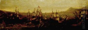 An Action Between Spanish Ships And Barbary Galleys In A Mediterranean Harbour by Jakob Feyt de Vries