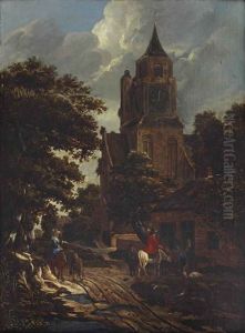 Riders Watering Their Horses On A Path Before A Church by Jansz van Vries