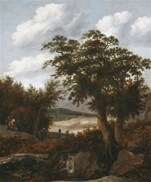Bewaldete, Hugelige Landschaft Mit Rastendem Bauernpaar - view 1
