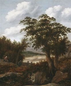 Bewaldete, Hugelige Landschaft Mit Rastendem Bauernpaar by Jansz van Vries