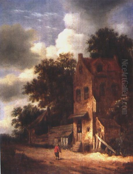 Mann Mit Roter Jacke Vor Einem Haus - view 1