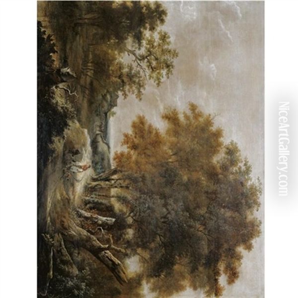 A Wooded Landscape With A Rider On A Path Conversing With A Peasant Girl - view 1