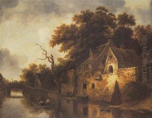 A River Landscape With Boys In A Rowing Boat And On The Bank, Hauling In A Fishing Net by Jansz van Vries