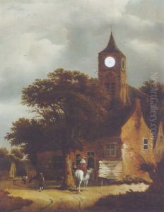 Travellers At An Inn On The Outskirts Of A Village, A Church Beyond